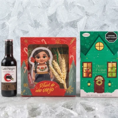 Muñecos de Año Viejo Kit Matrimonio con vino y galletas